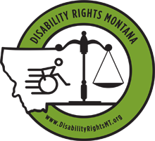 Disability Rights Montana logo: outline of state of Montana, scales of justice, and a stick figure in a wheelchair