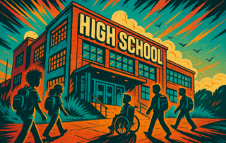 Illustration of students approaching a high school