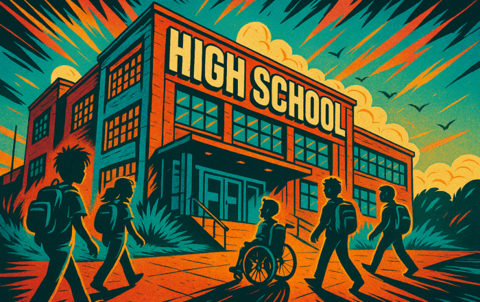 Illustration of students approaching a high school