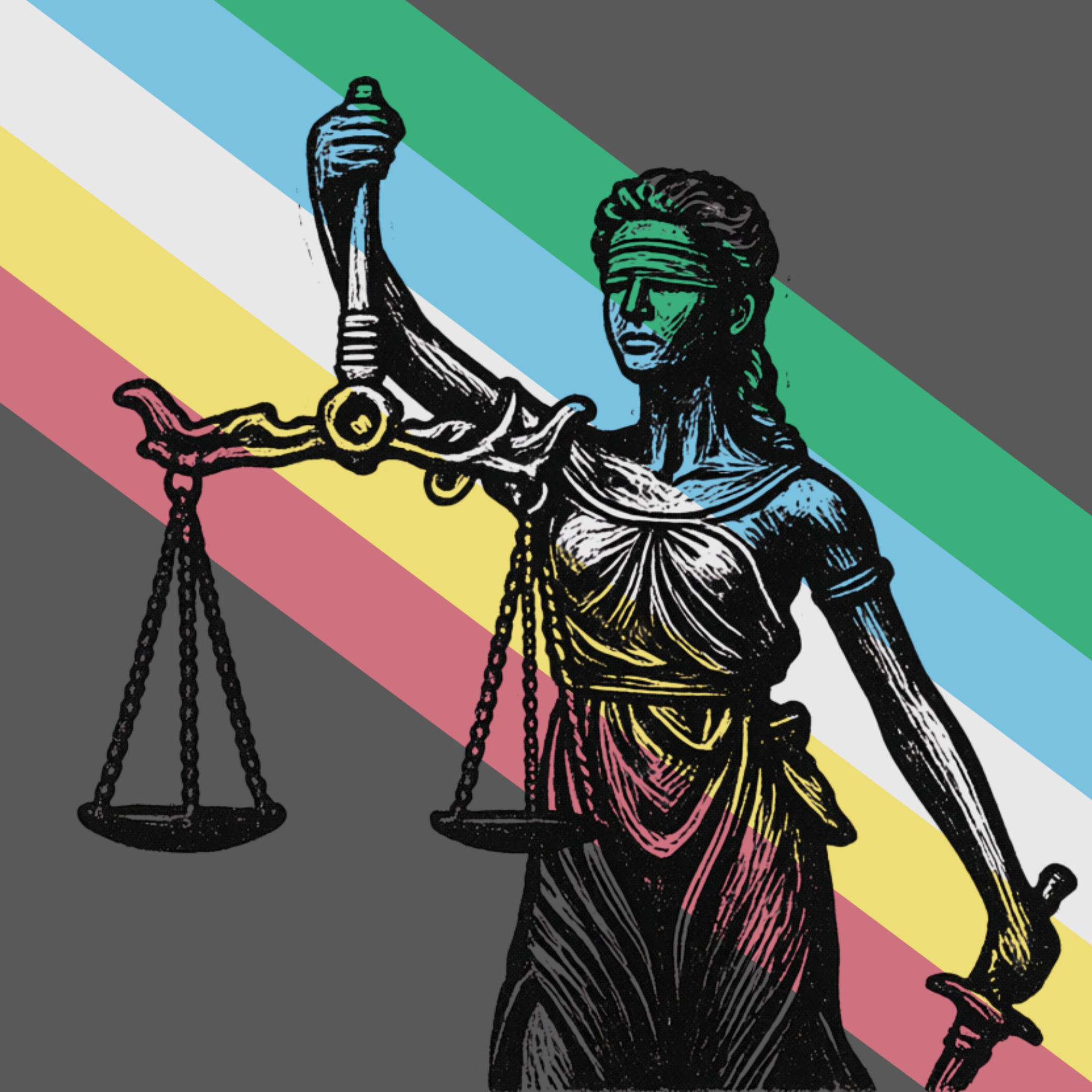 Lady Justice holding the scales and sword of justice over the background of the disability pride flag